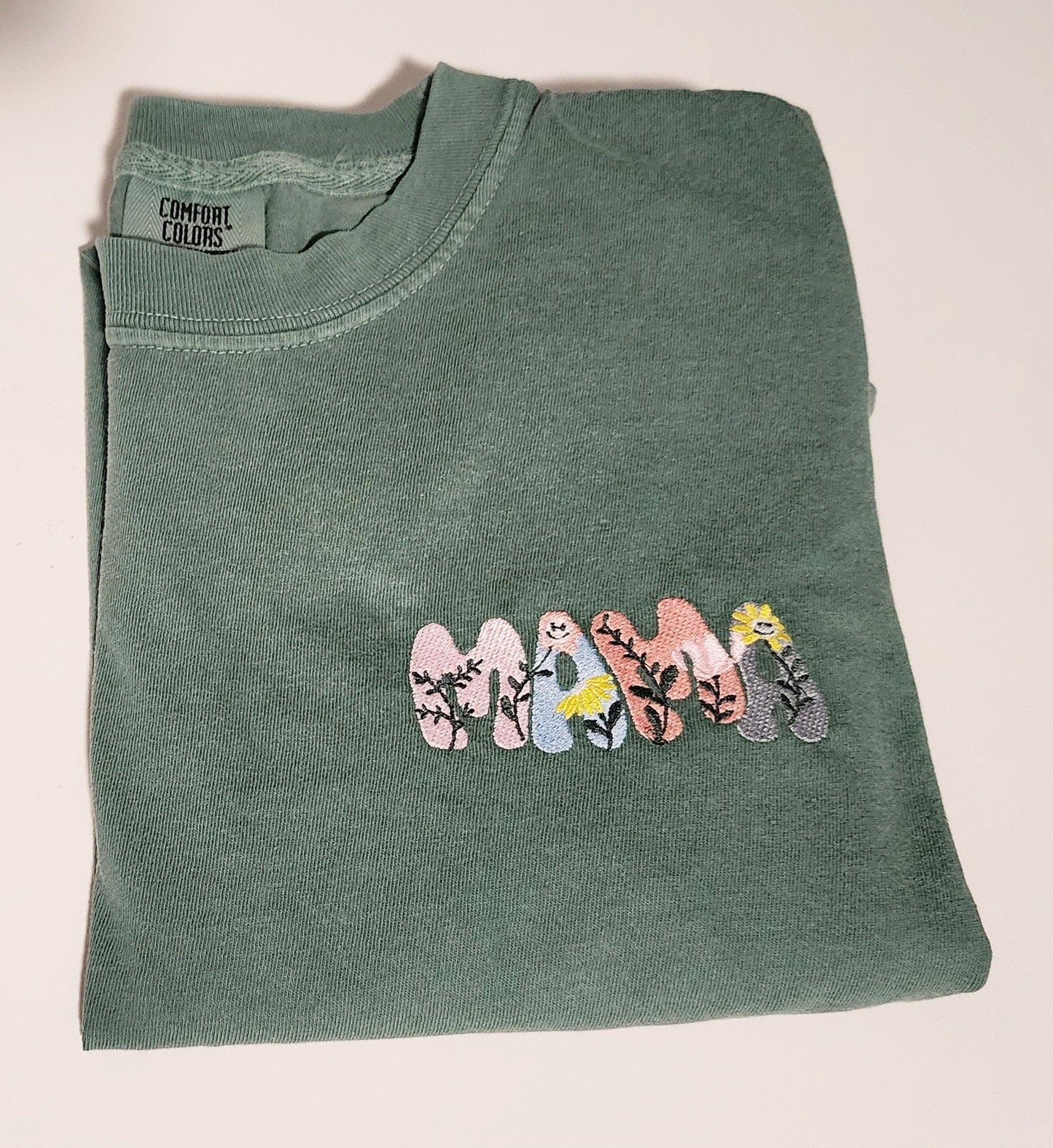 Embroidered Mama Comfort Colors T-Shirt, Pocket Design Flower Embroidered T-Shirt, Mother Gift