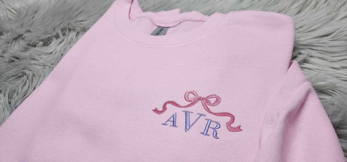 Embroidered Bow Ribbon Monogrammed Crewneck - Delicate Bow Embroidery Personalized Crewneck - Monogram Crewneck - Gift for Her