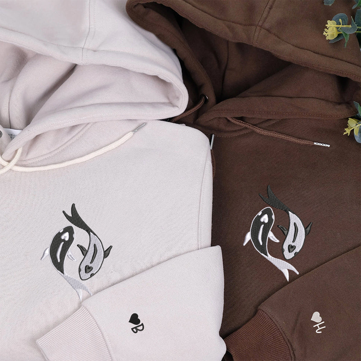 Custom Embroidered Koi Fish Yin Yang Matching Hoodies for Couples
