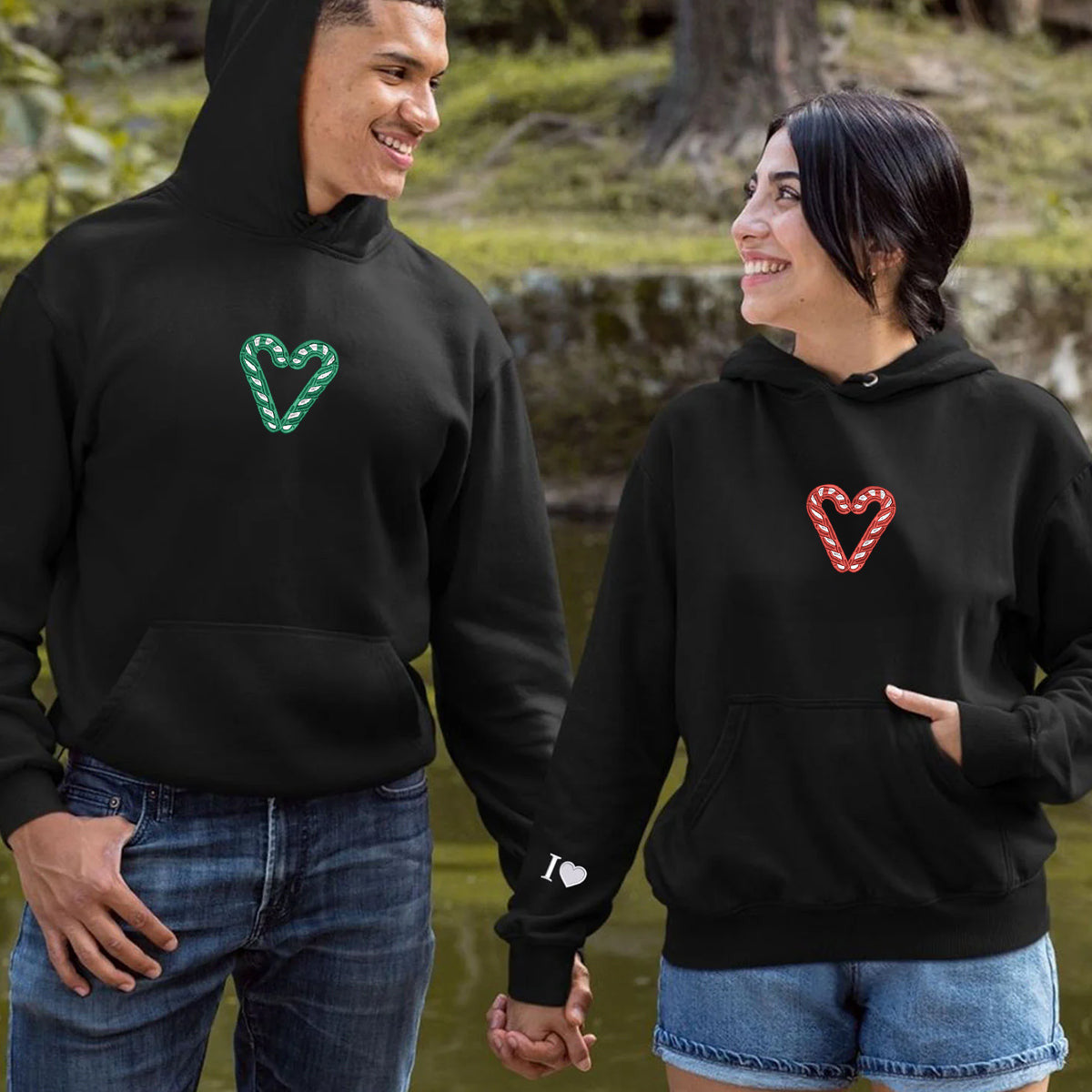 Custom Embroidered Candy Cane Matching Hoodies for Couples