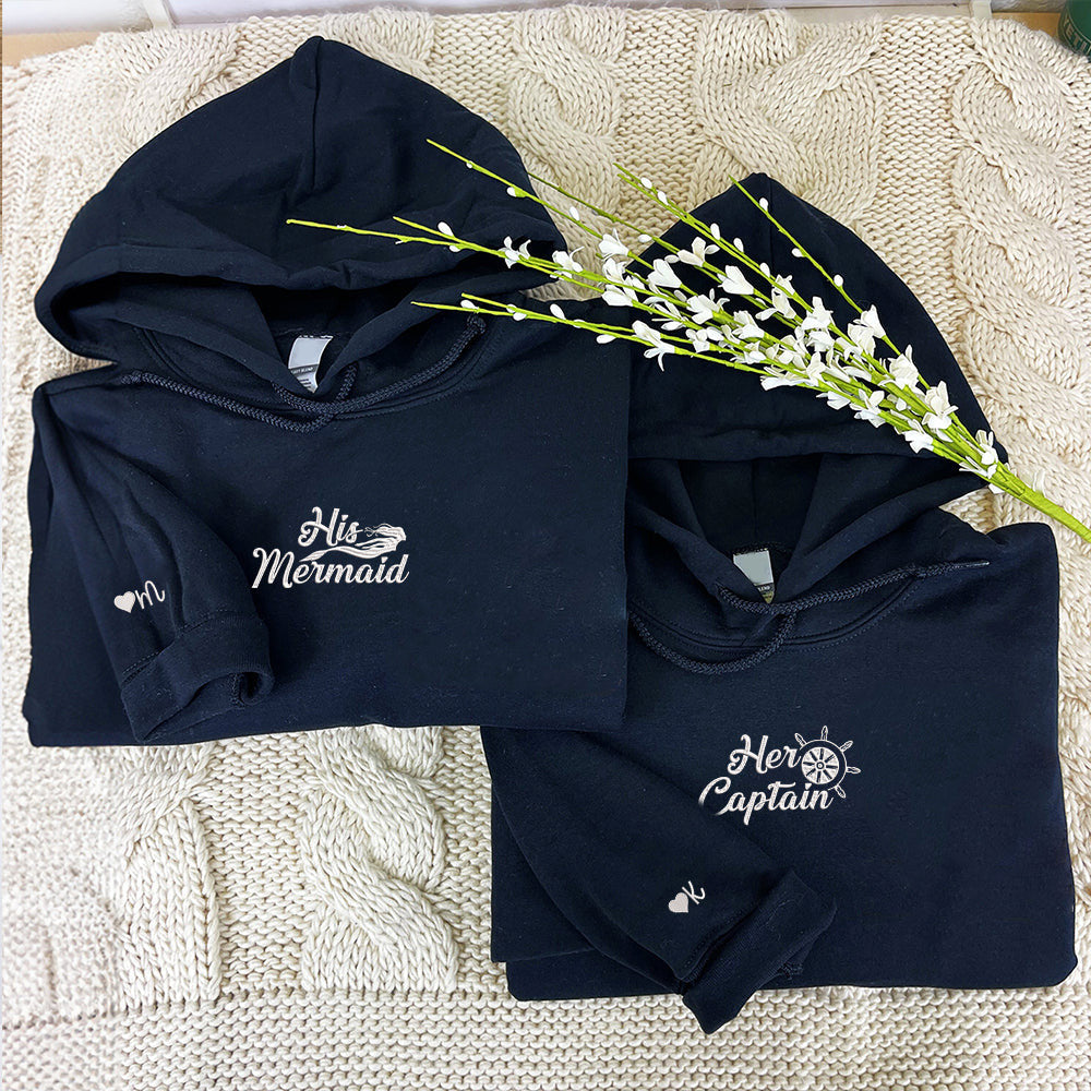 His Mermaid Her Captain Custom Embroidered Matching Hoodies For Couples
