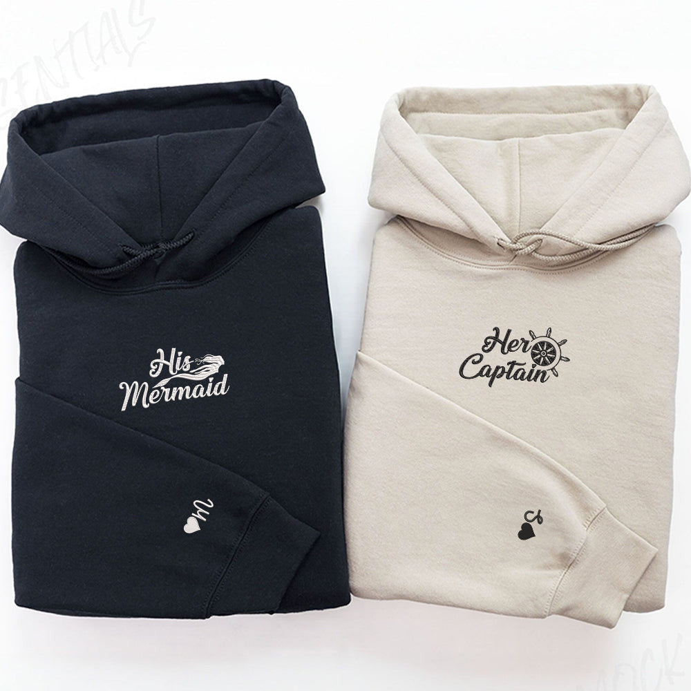 His Mermaid Her Captain Custom Embroidered Matching Hoodies For Couples
