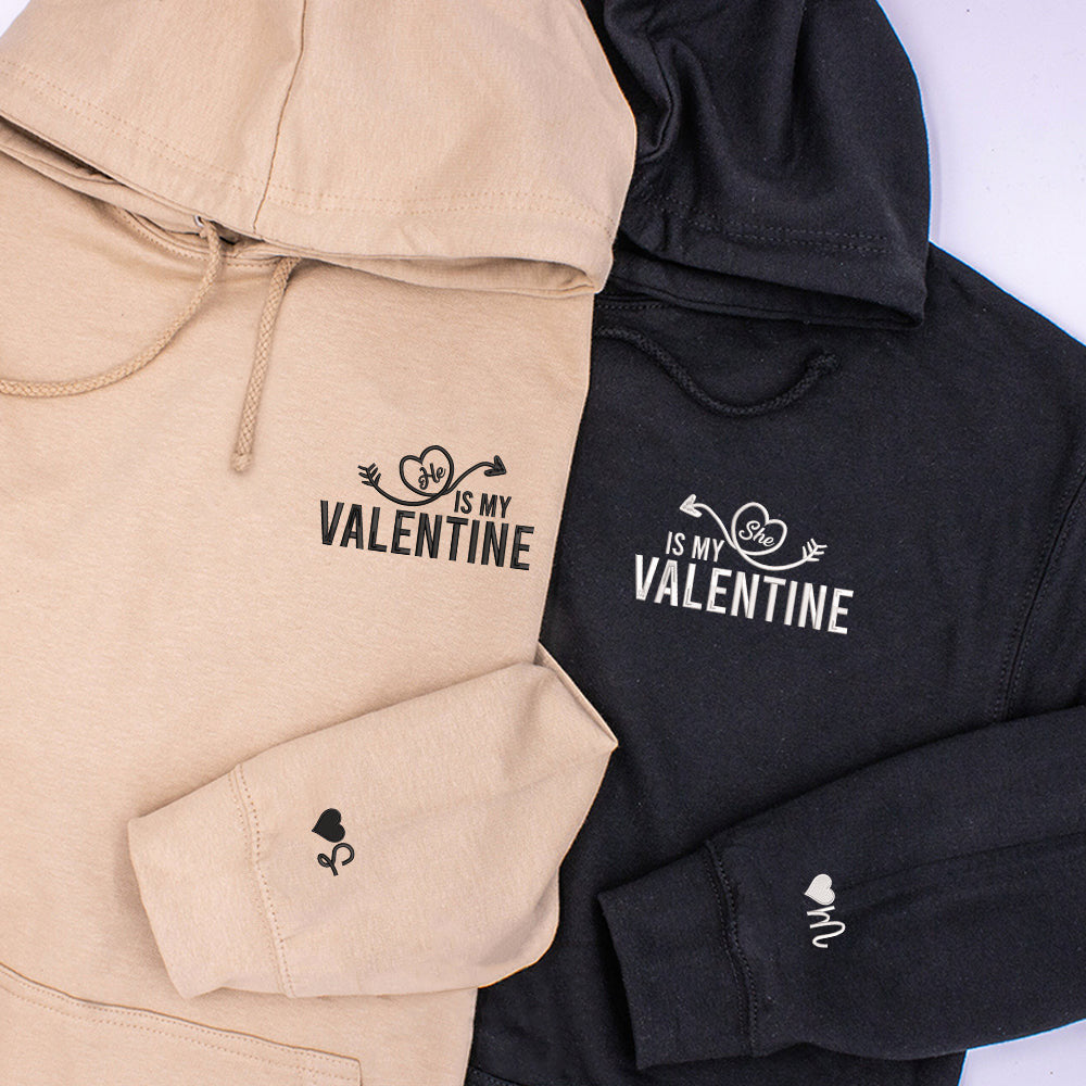 He She Is My Valentine Custom Embroidered Matching Hoodies For Couples