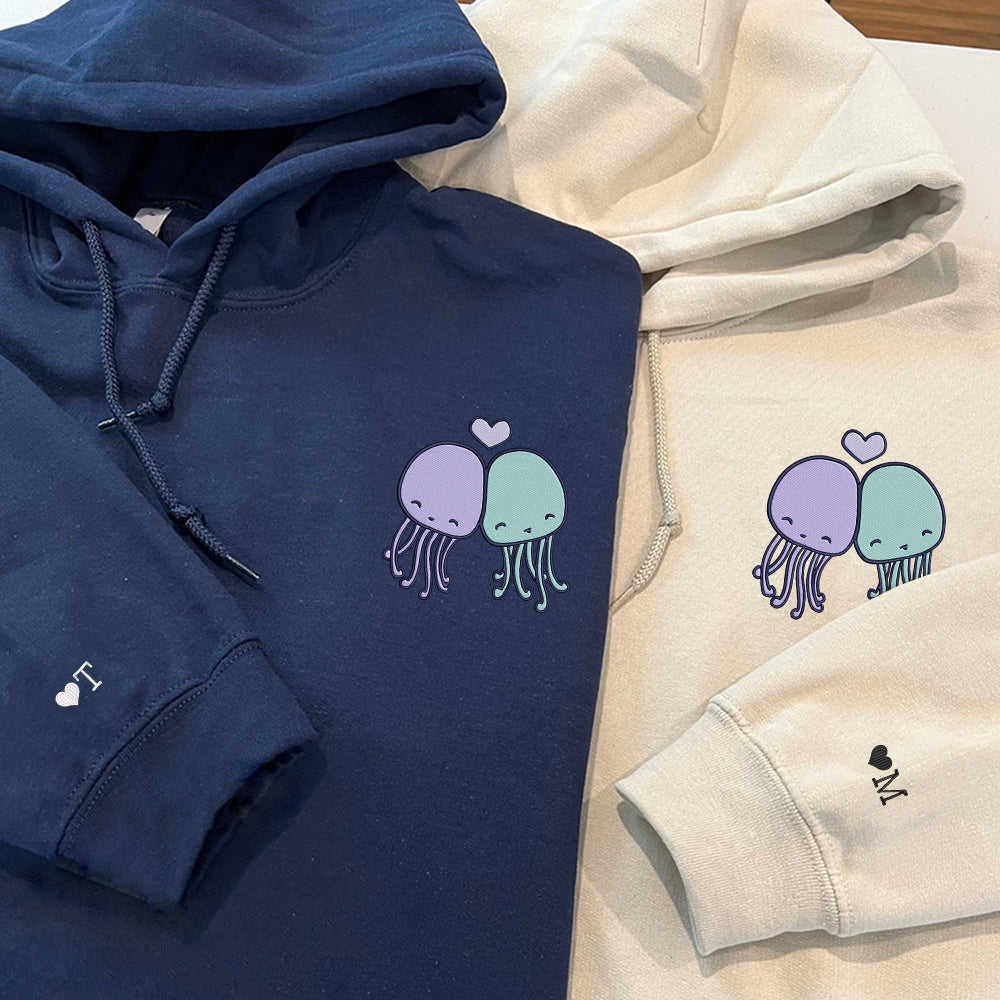 Cute Octopus Custom Embroidered Matching Hoodies For Couples