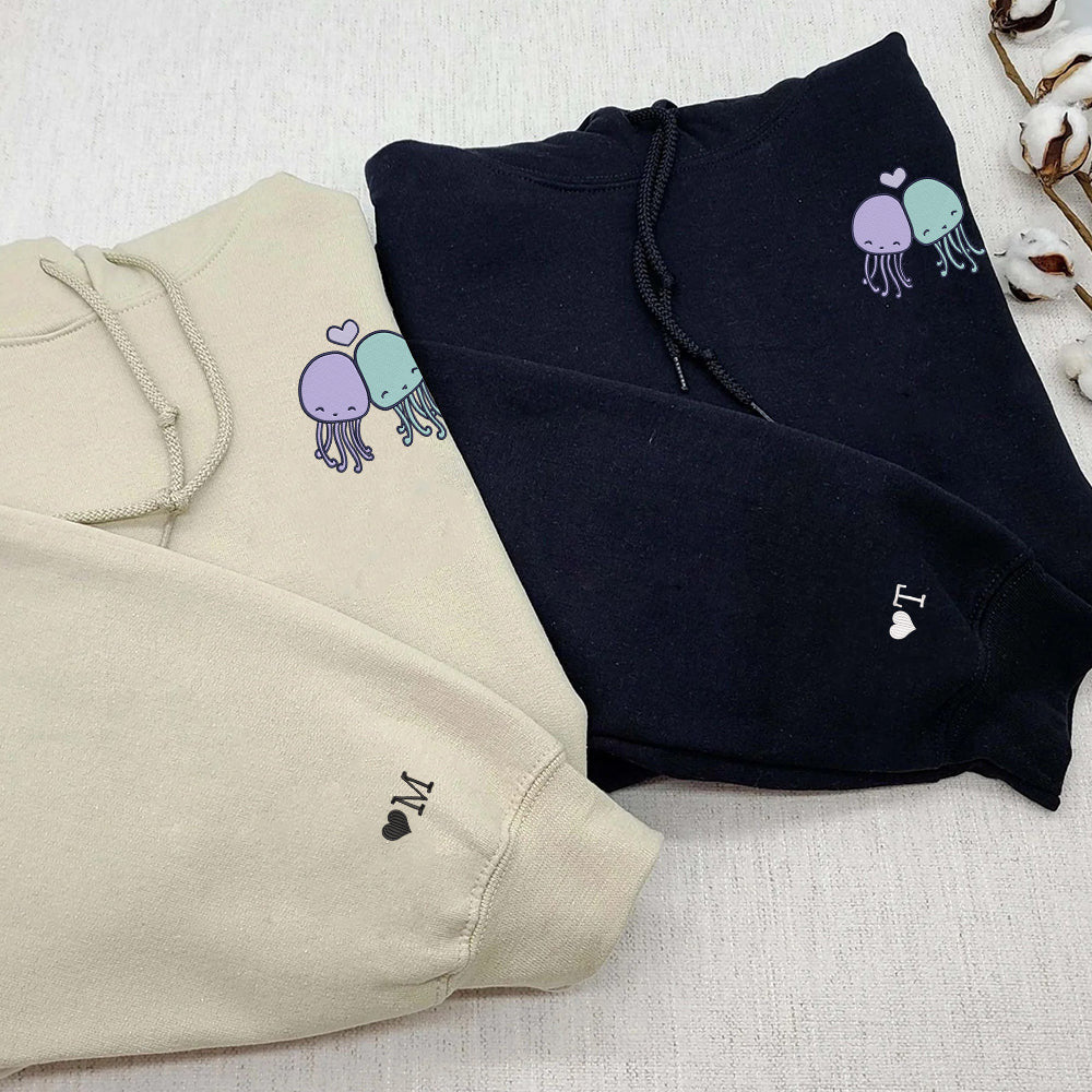 Cute Octopus Custom Embroidered Matching Hoodies For Couples