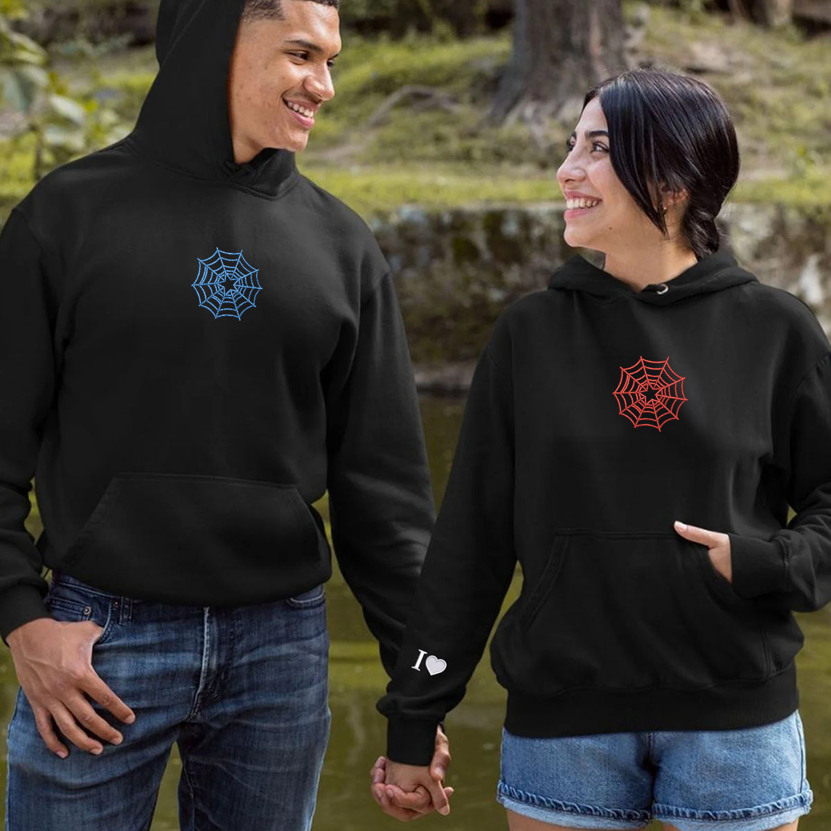 Custom Embroidered Spiderweb Star Matching Hoodies for Couples
