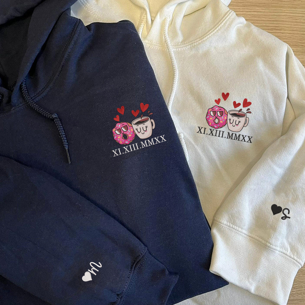 Donut and Coffee Custom Roman Numeral Matching Embroidered Hoodies For Couples