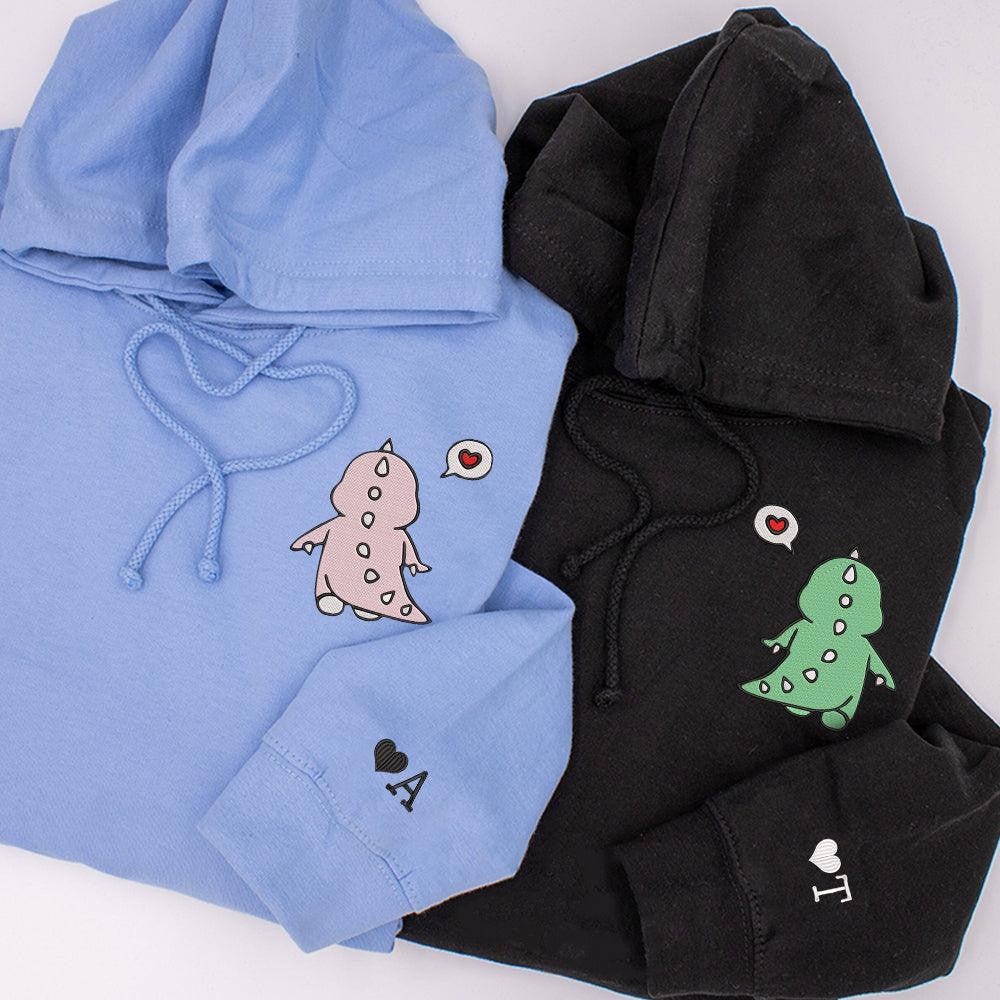 Cute Dinosaur Couple Custom Embroidered Matching Hoodies For Couples