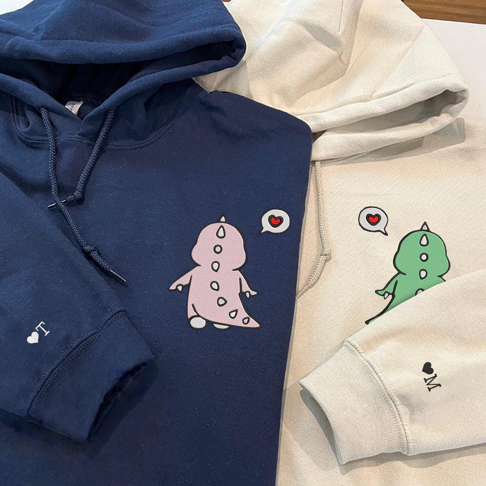 Cute Dinosaur Couple Custom Embroidered Matching Hoodies For Couples