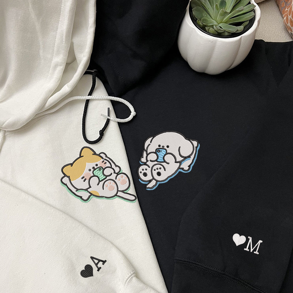 Cat x Dog Custom Embroidered Matching Hoodies For Couples