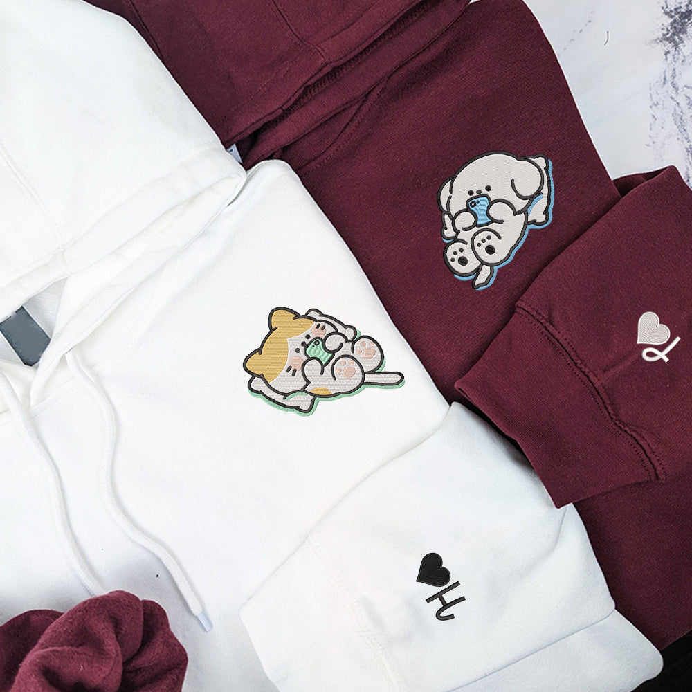 Cat x Dog Custom Embroidered Matching Hoodies For Couples
