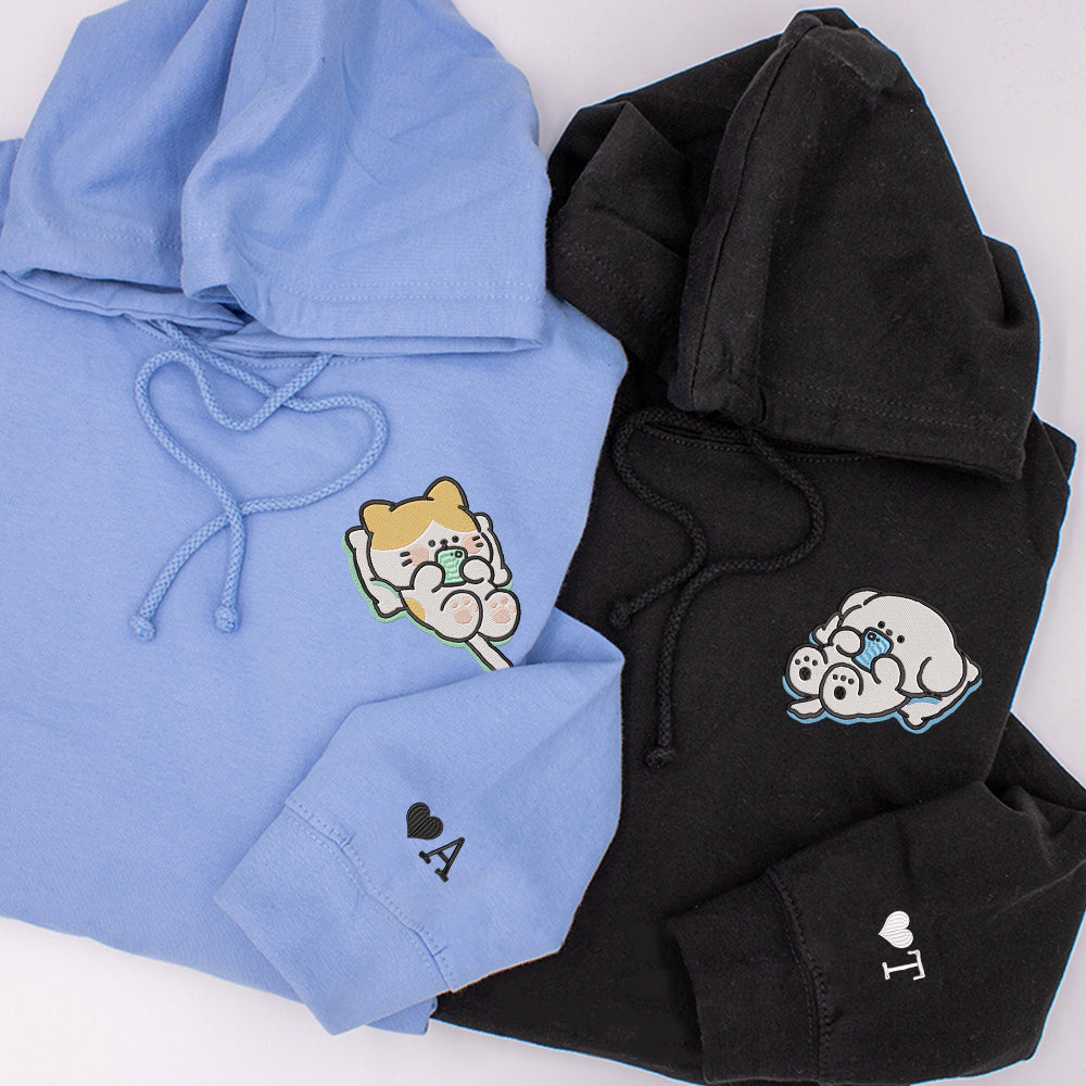 Cat x Dog Custom Embroidered Matching Hoodies For Couples