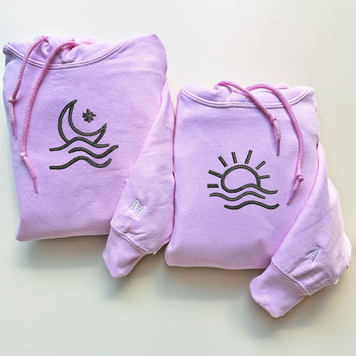Custom Embroidered Sun and Moon Wave Matching Hoodies for Couplesa