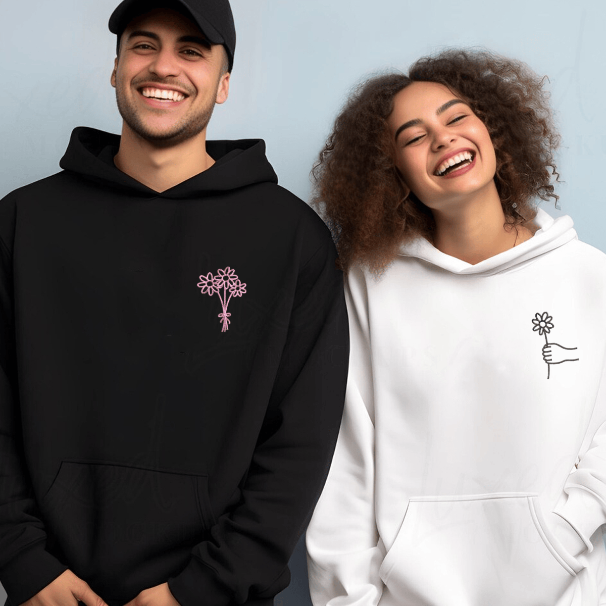 Custom Embroidered Flower Bouquet Matching Hoodies for Couples
