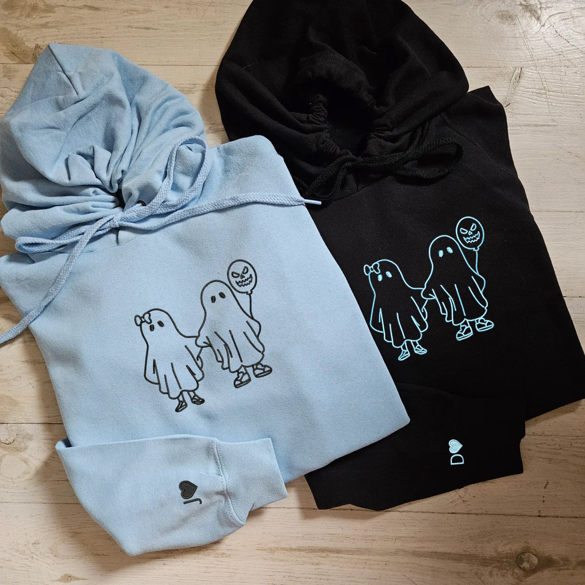 Custom Embroidered Ghost Holding Hands Matching Hoodies for Couples