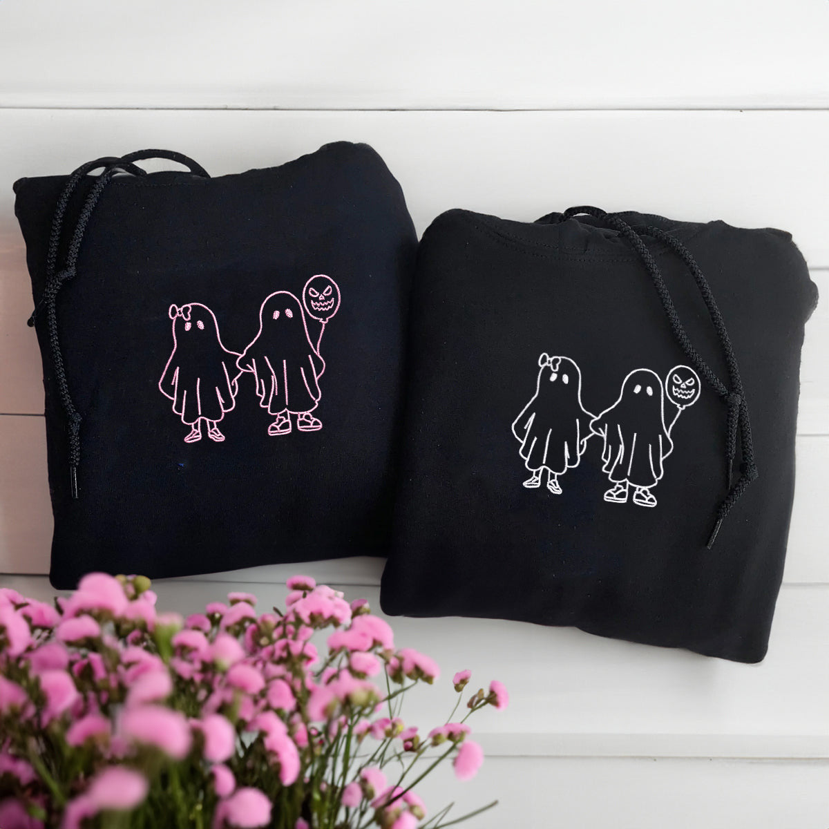 Custom Embroidered Ghost Holding Hands Matching Hoodies for Couples