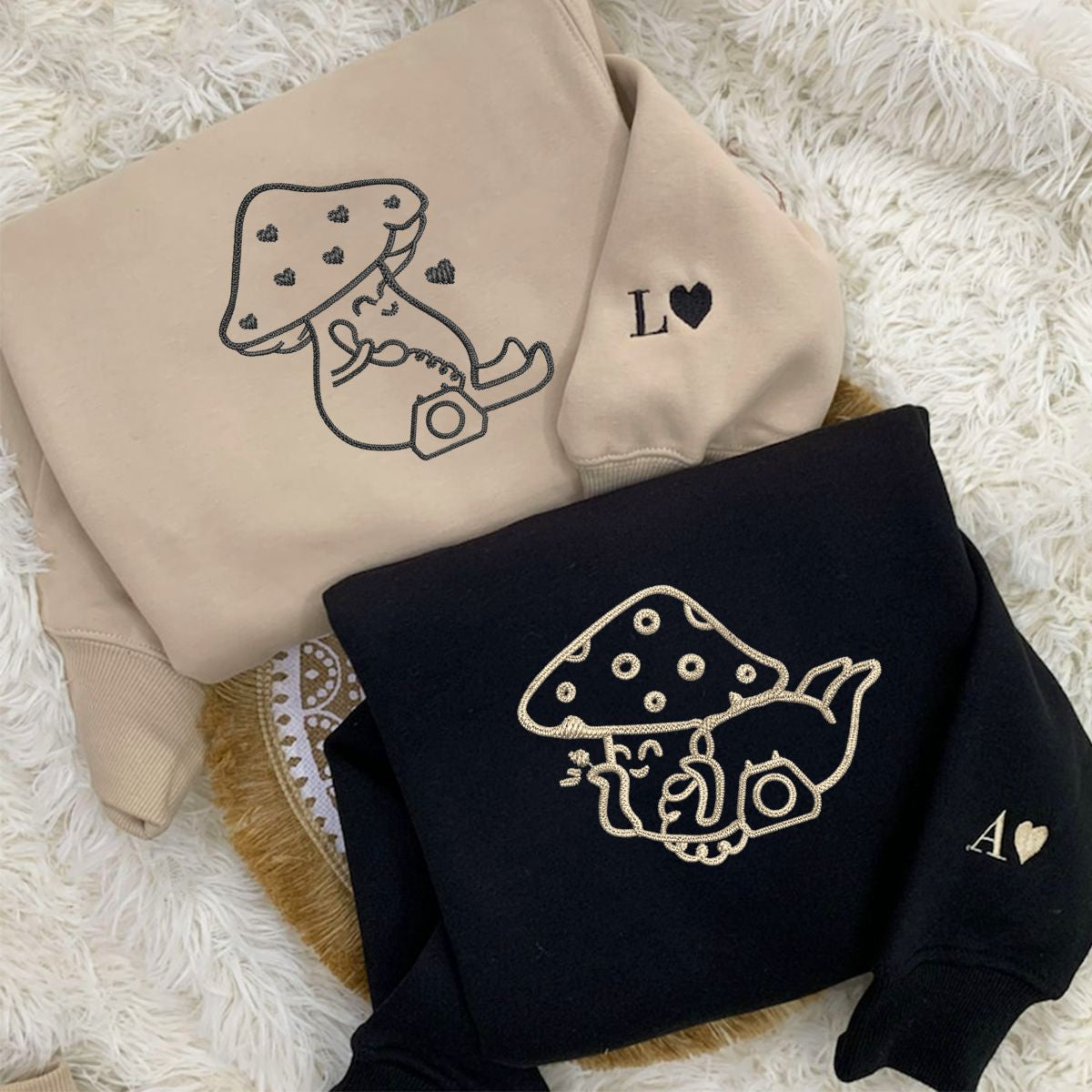 Custom Embroidered Late Night Mushroom Calls Matching Hoodies for Couples
