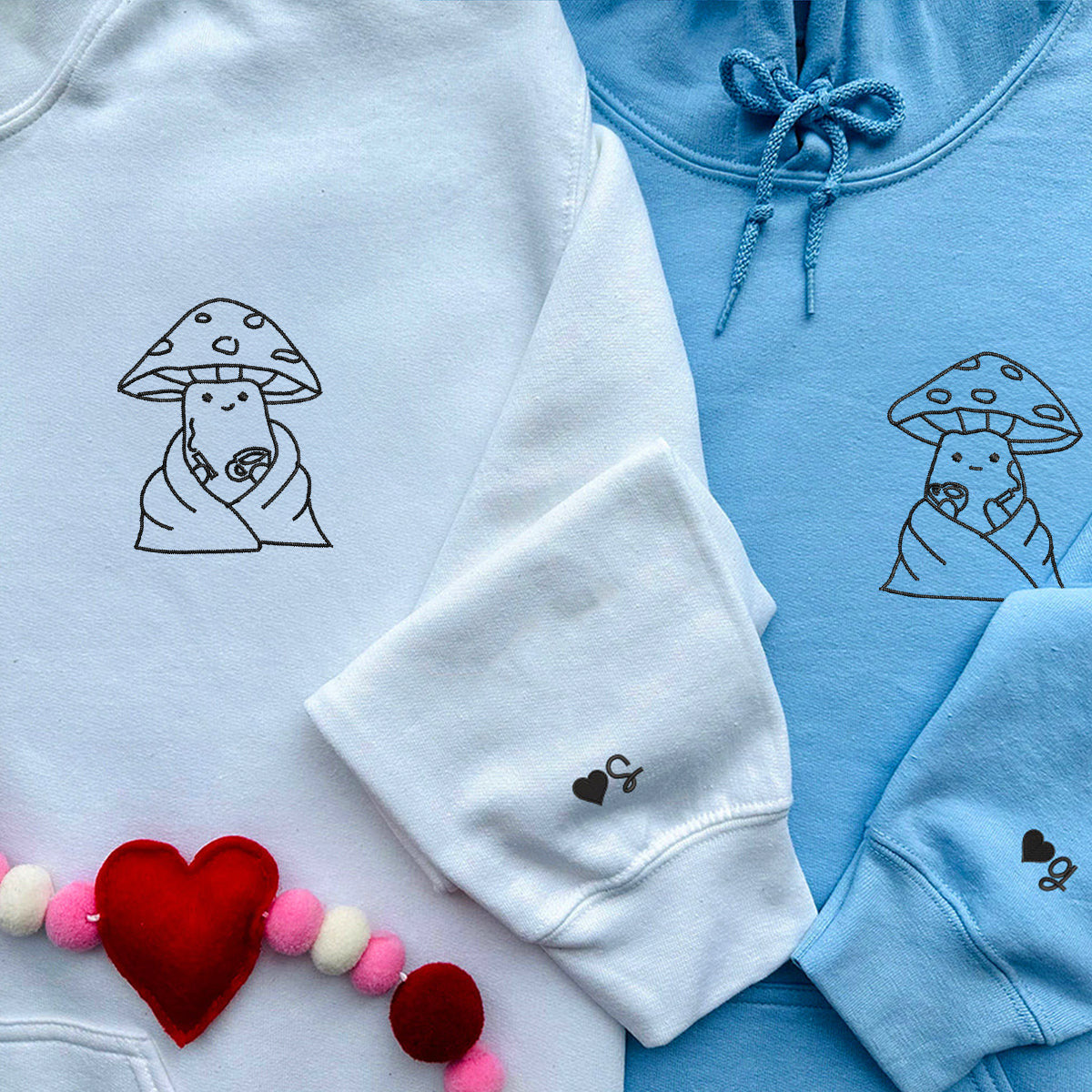 Custom Embroidered Coffee Drinking Mushroom Matching Hoodies for Couples