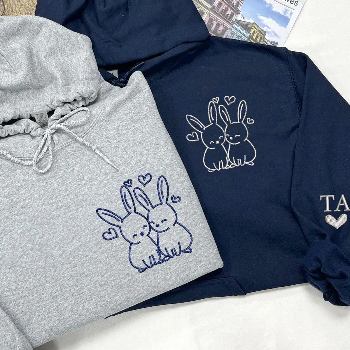 Custom Embroidered Cute Rabbit Love Matching Hoodies for Couples