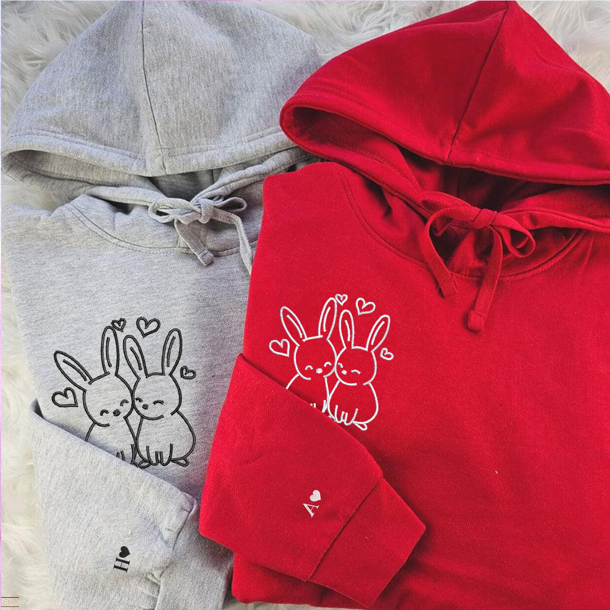 Custom Embroidered Cute Rabbit Love Matching Hoodies for Couples