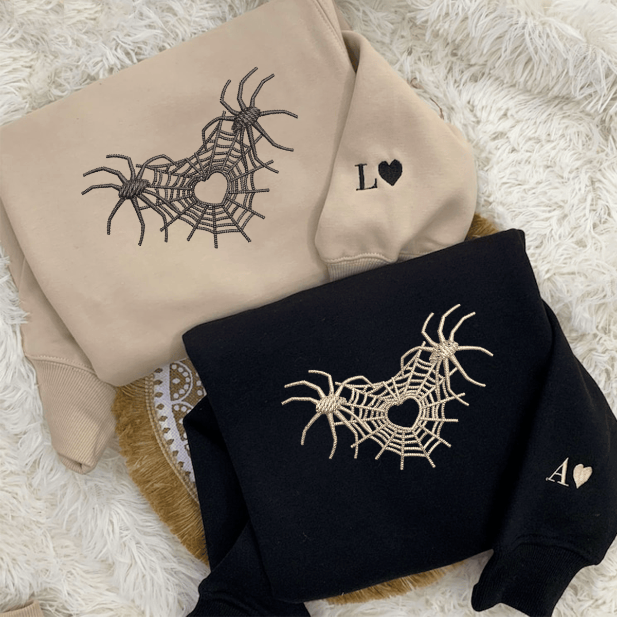 Custom Embroidered Spider Web Heart 3.0 Matching Hoodies for Couples