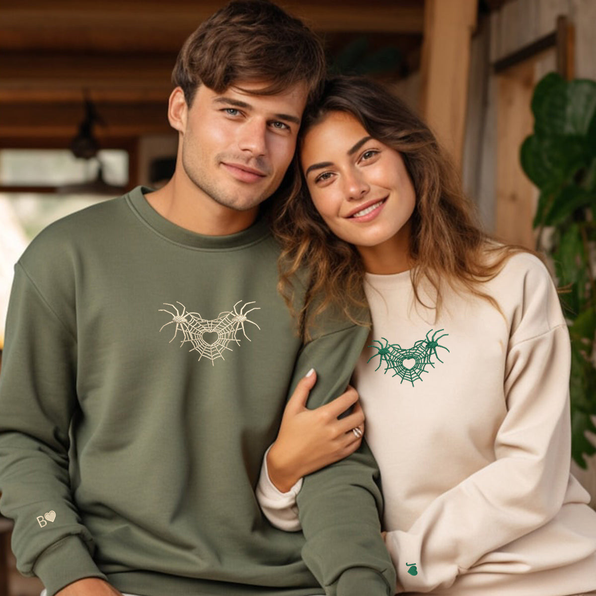 Custom Embroidered Spider Web Heart 3.0 Matching Hoodies for Couples