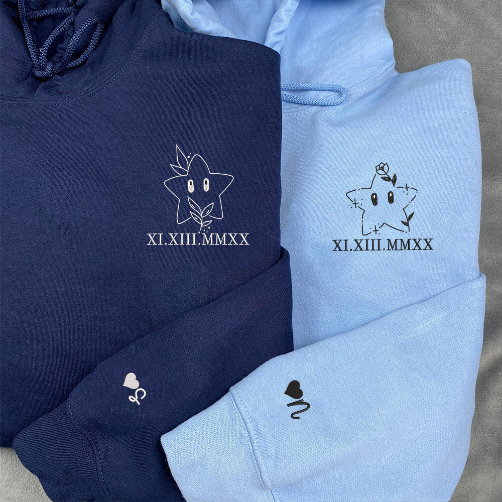 Cute Stars Cartoon Custom Roman Numeral Matching Embroidered Hoodies For Couples