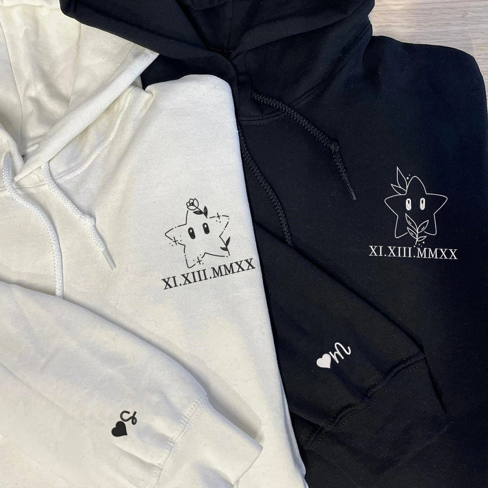 Cute Stars Cartoon Custom Roman Numeral Matching Embroidered Hoodies For Couples