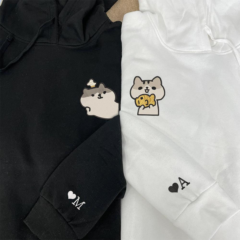 Cute Cat Custom Embroidered Matching Hoodies For Couples