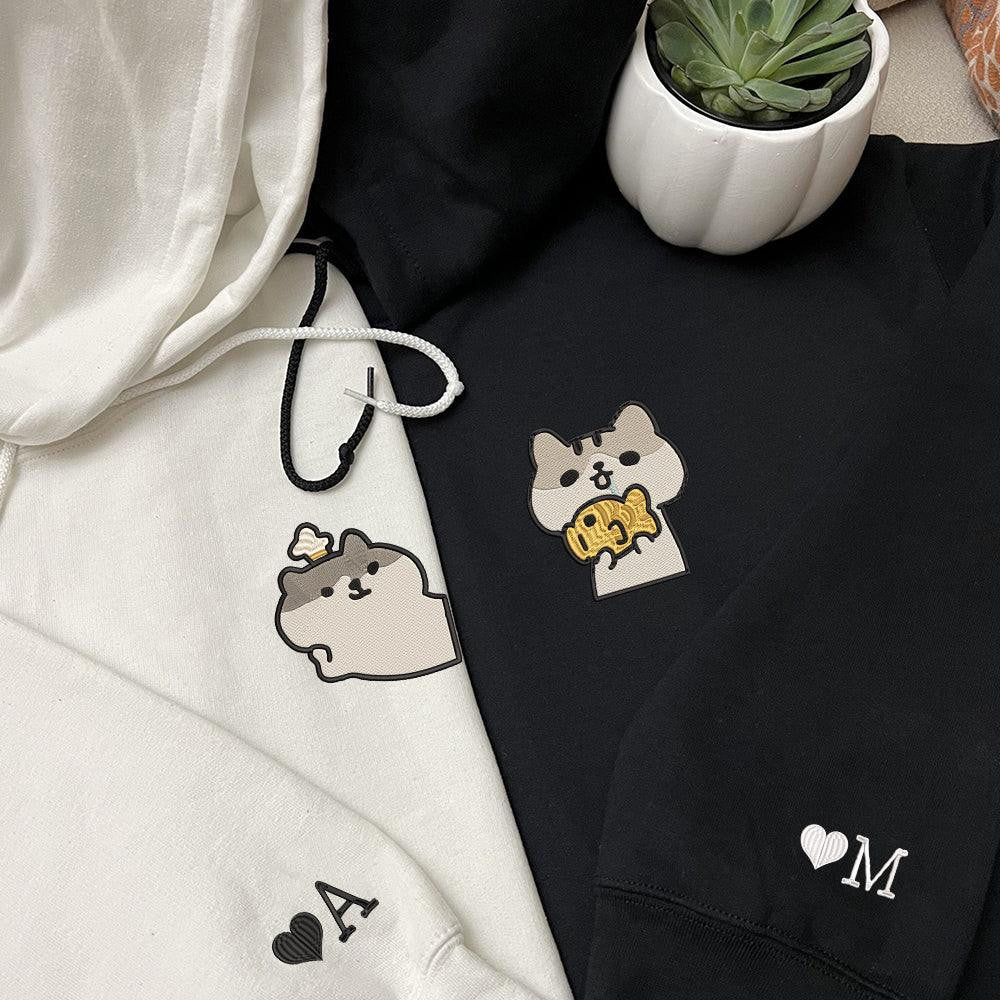Cute Cat Custom Embroidered Matching Hoodies For Couples