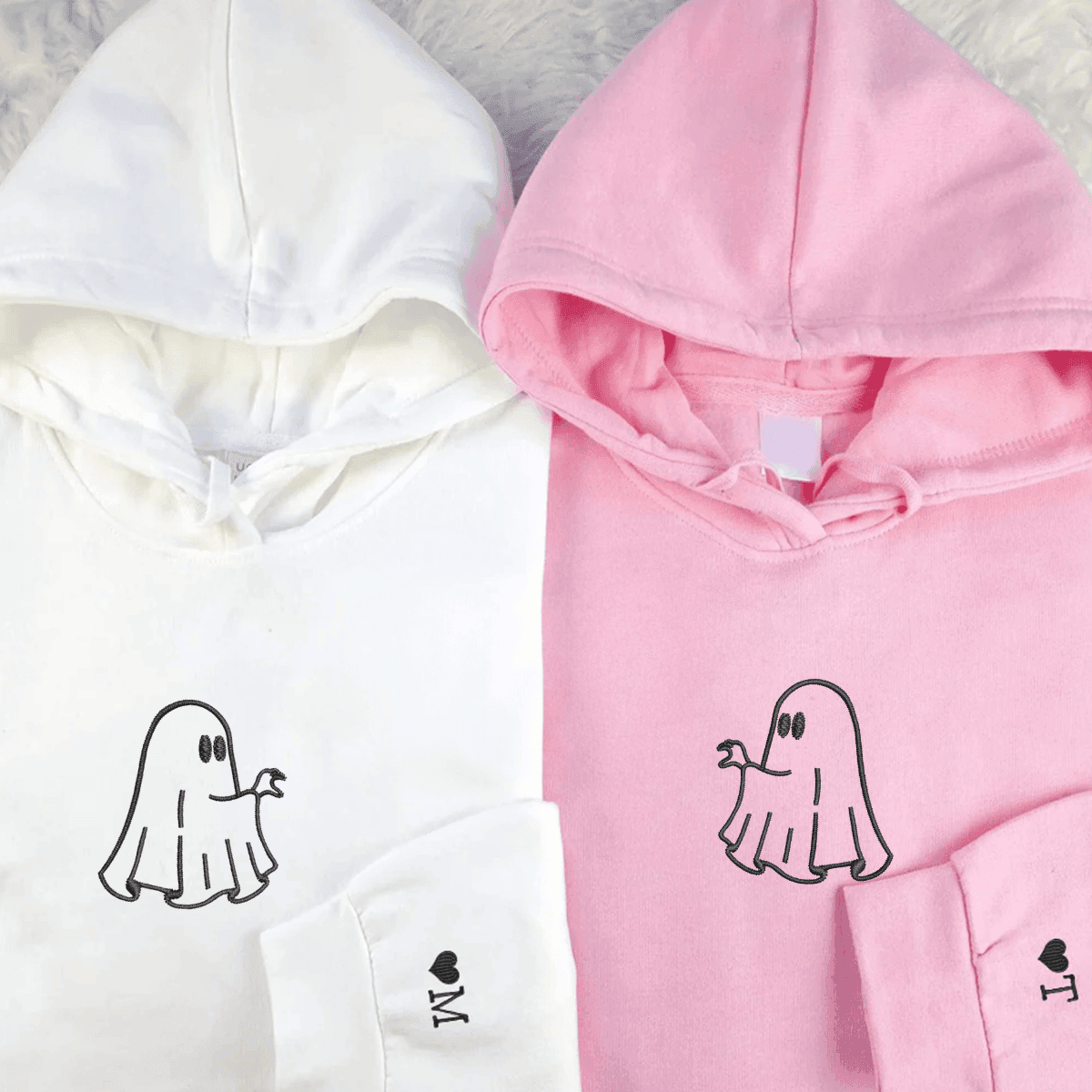 Custom Embroidered Ghost Heart Hands Matching Hoodies for Couples