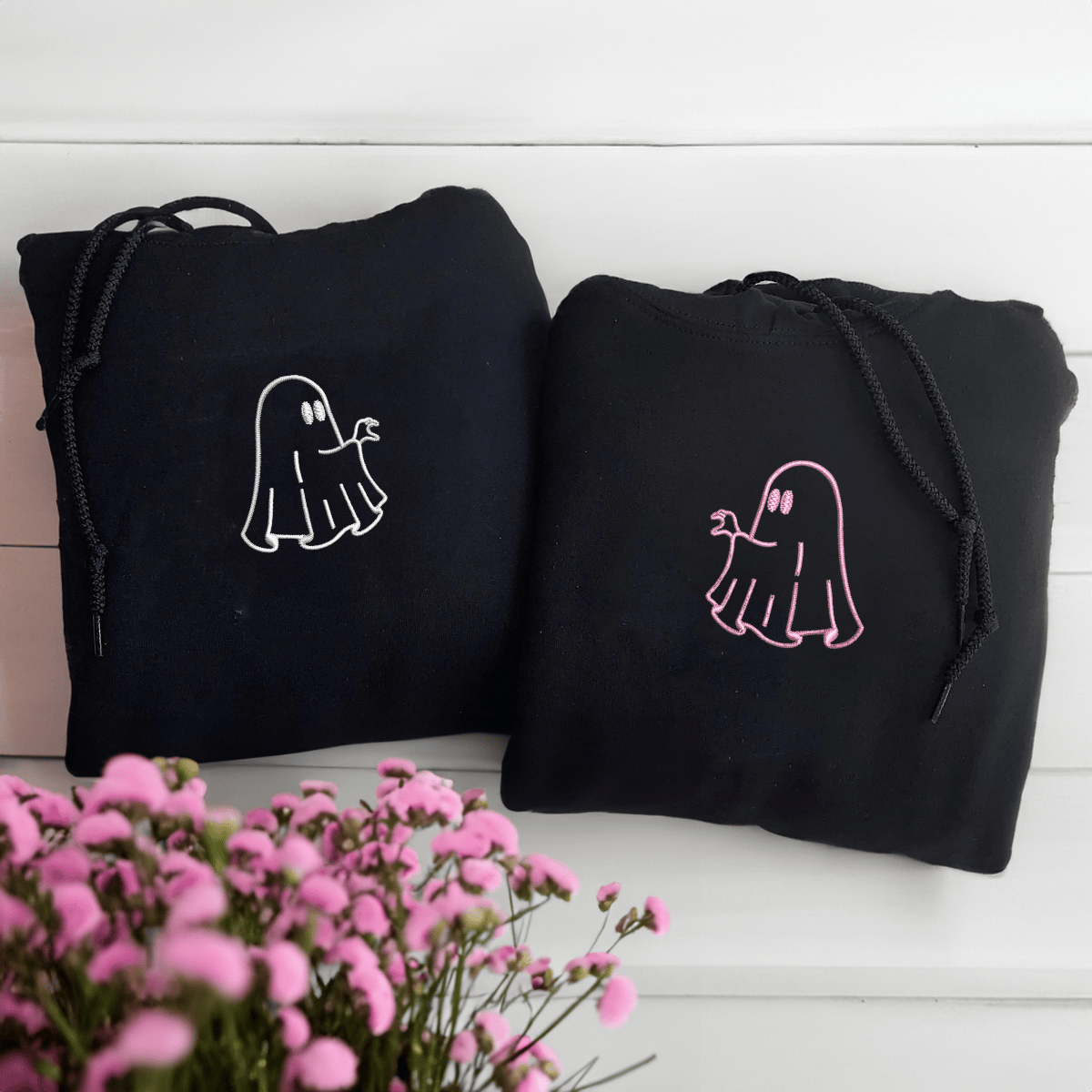 Custom Embroidered Ghost Heart Hands Matching Hoodies for Couples