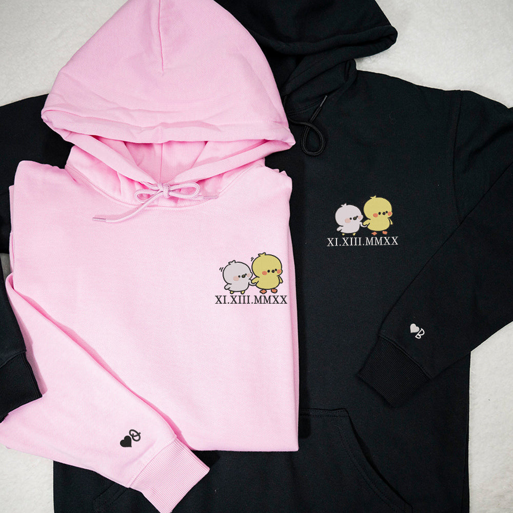 Cute Cartoon Chick Custom Roman Numeral Matching Embroidered Hoodies For Couples