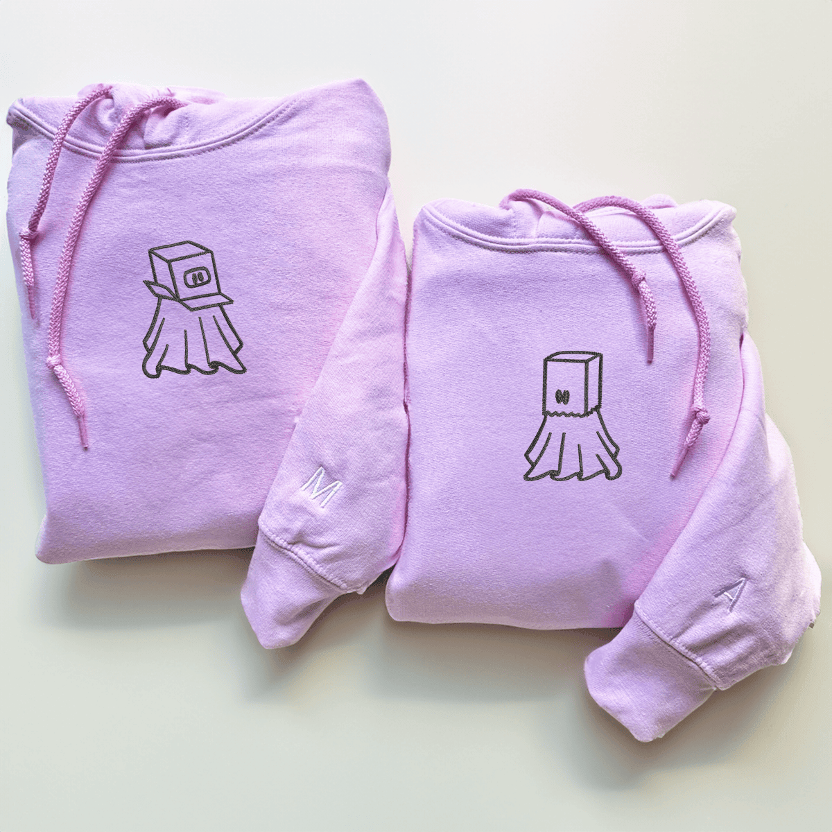 Custom Embroidered Ghost Boxhead & Paperbag Matching Hoodies for Couples