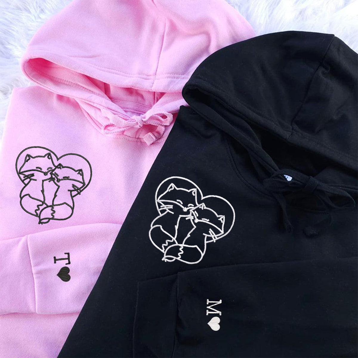 Custom Embroidered Cute Fox Love Matching Hoodies for Couples