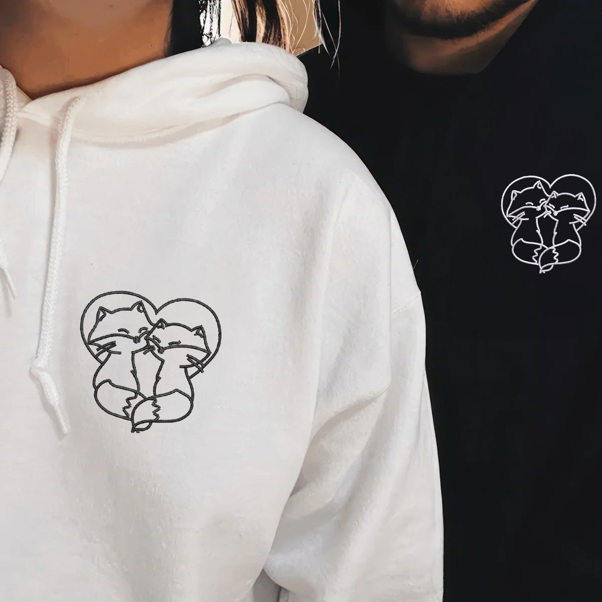 Custom Embroidered Cute Fox Love Matching Hoodies for Couples