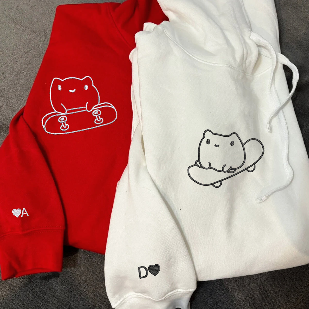 Custom Embroidered Cute Frog Skateboards Matching Hoodies for Couples