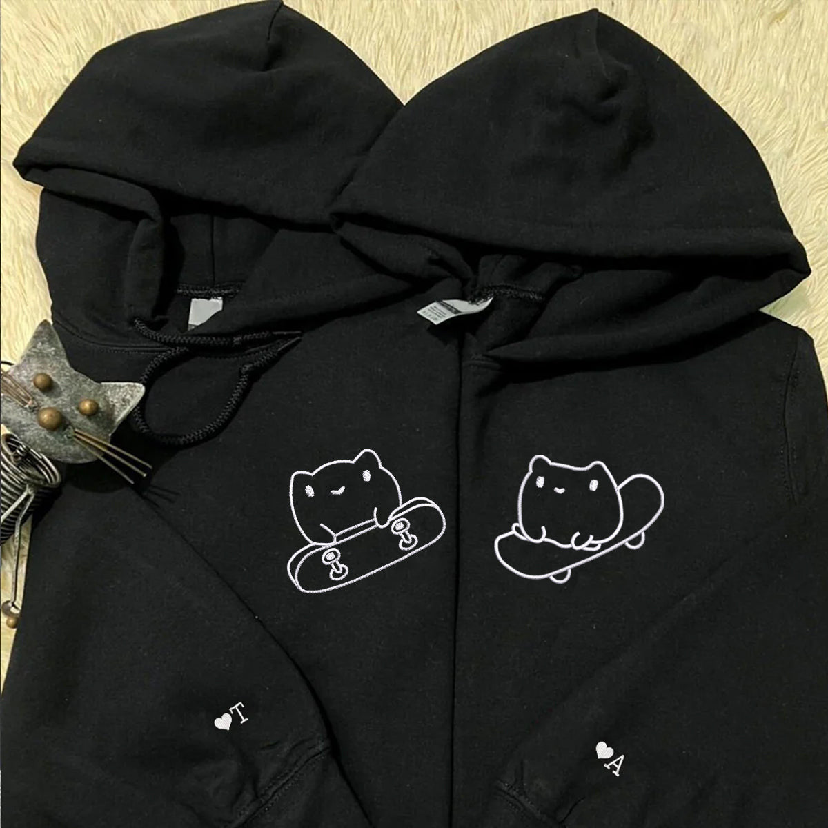 Custom Embroidered Cute Frog Skateboards Matching Hoodies for Couples