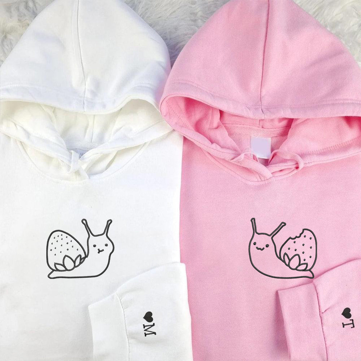 Custom Embroidered Strawberry Snail Matching Hoodies for Couples