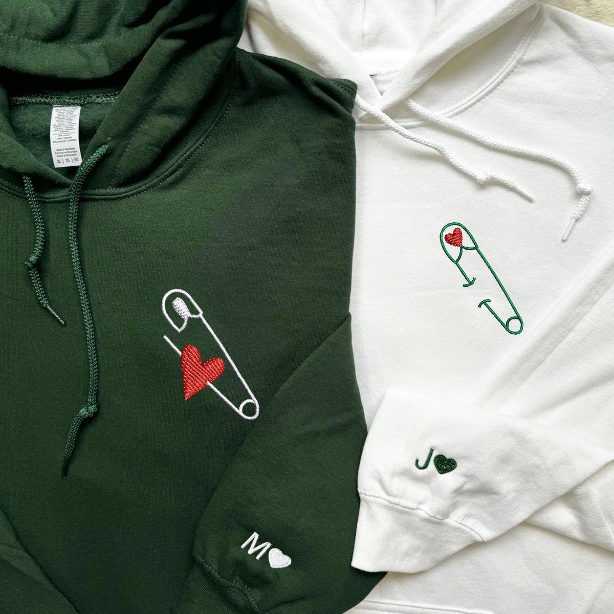 Custom Embroidered Safety Pin Love Matching Hoodies for Couples