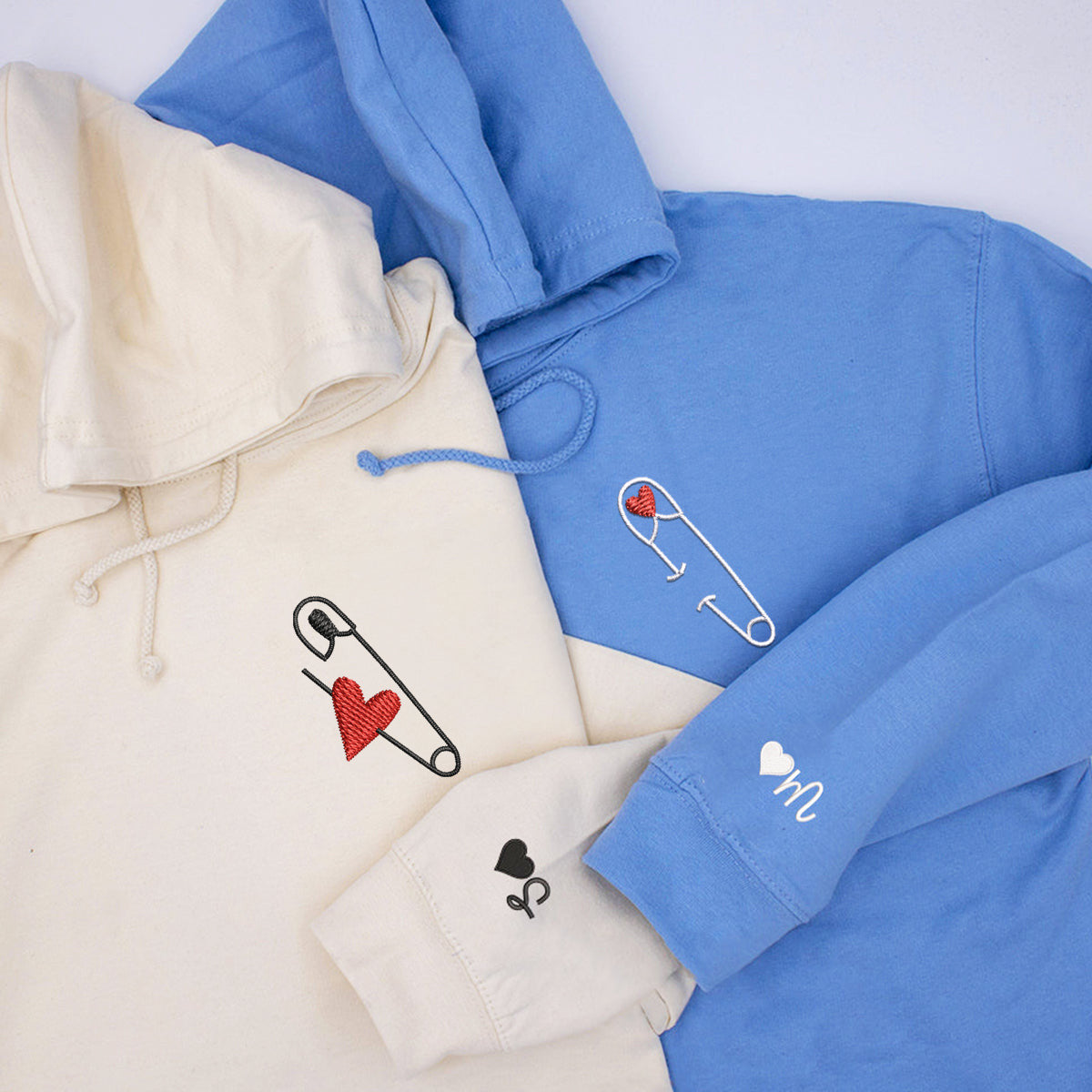 Custom Embroidered Safety Pin Love Matching Hoodies for Couples