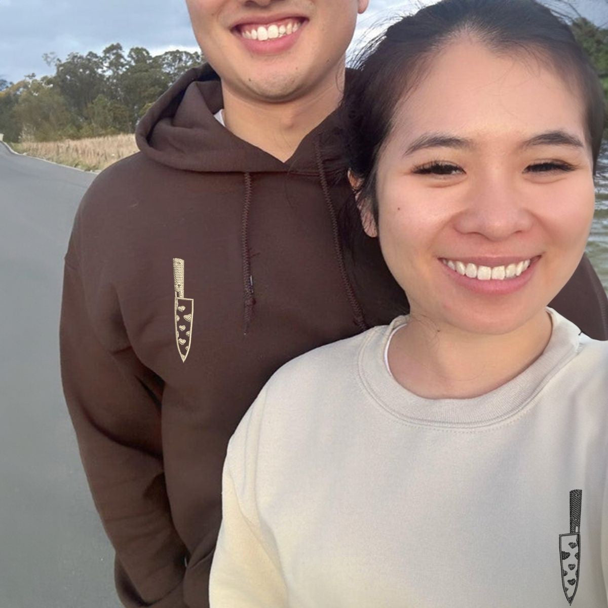 Custom Embroidered Heart Knife Matching Hoodies for Couples