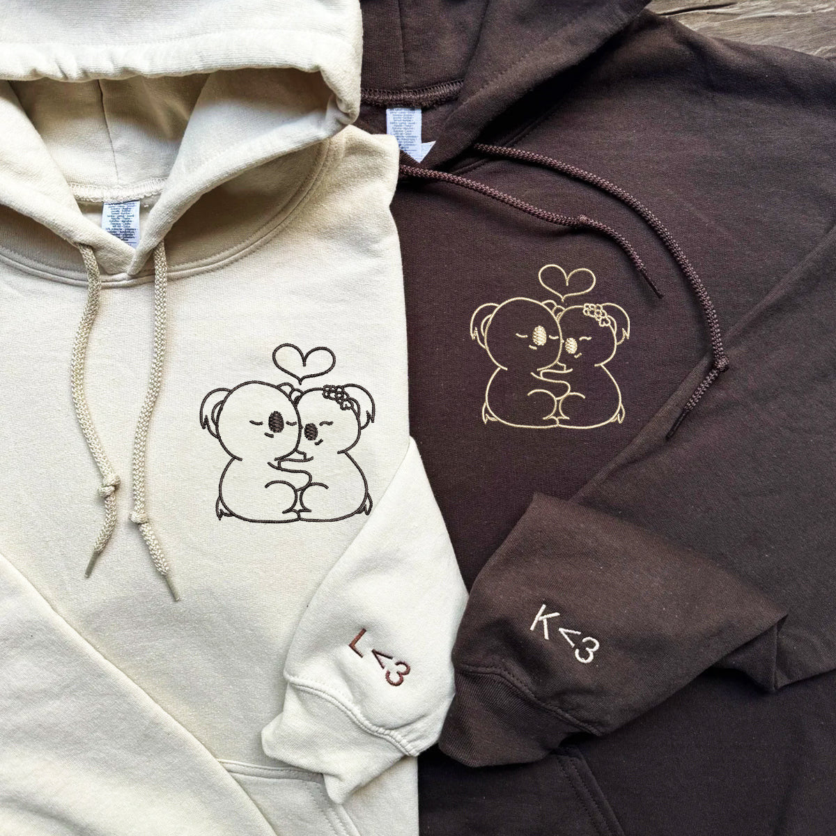 Custom Embroidered Cute Koala Bear Matching Hoodies for Couples