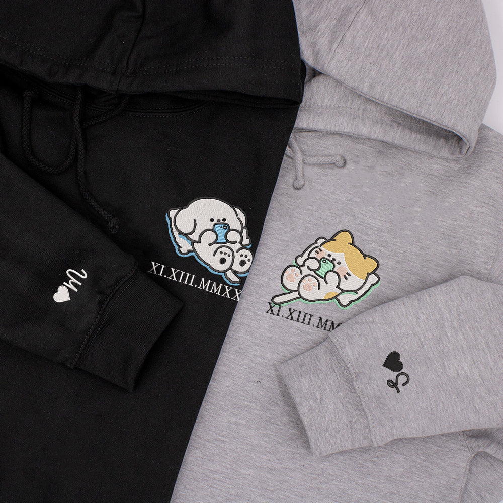 Cat x Dog Custom Roman Numeral Matching Embroidered Hoodies For Couples