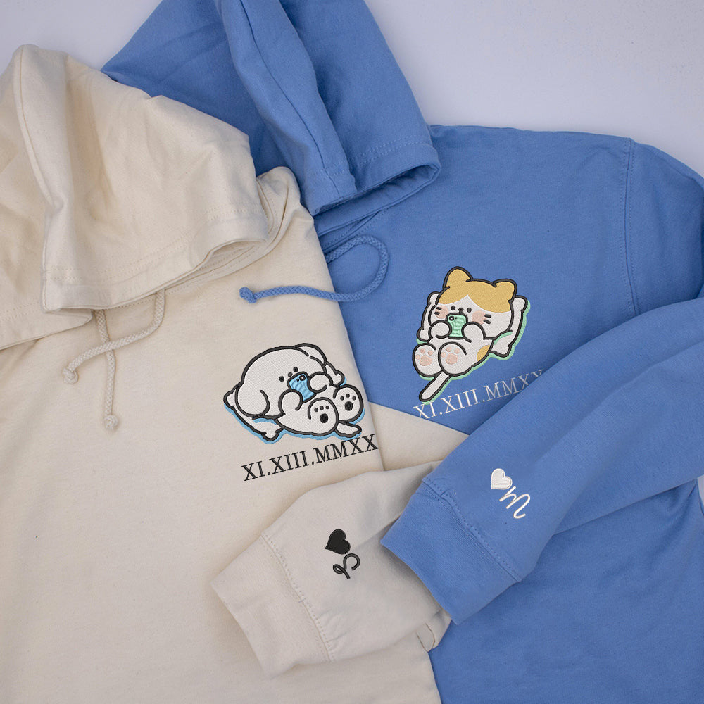 Cat x Dog Custom Roman Numeral Matching Embroidered Hoodies For Couples