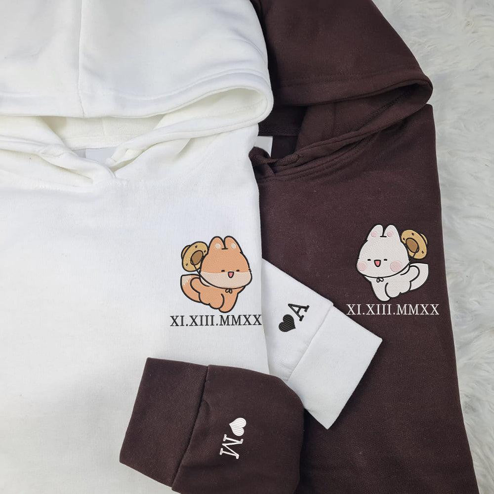 Cute Fox Couples Custom Roman Numeral Matching Embroidered Hoodies For Couples