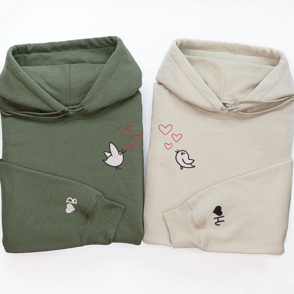 Cute Cartoon Birds Hearts Custom Embroidered Matching Hoodies For Couples