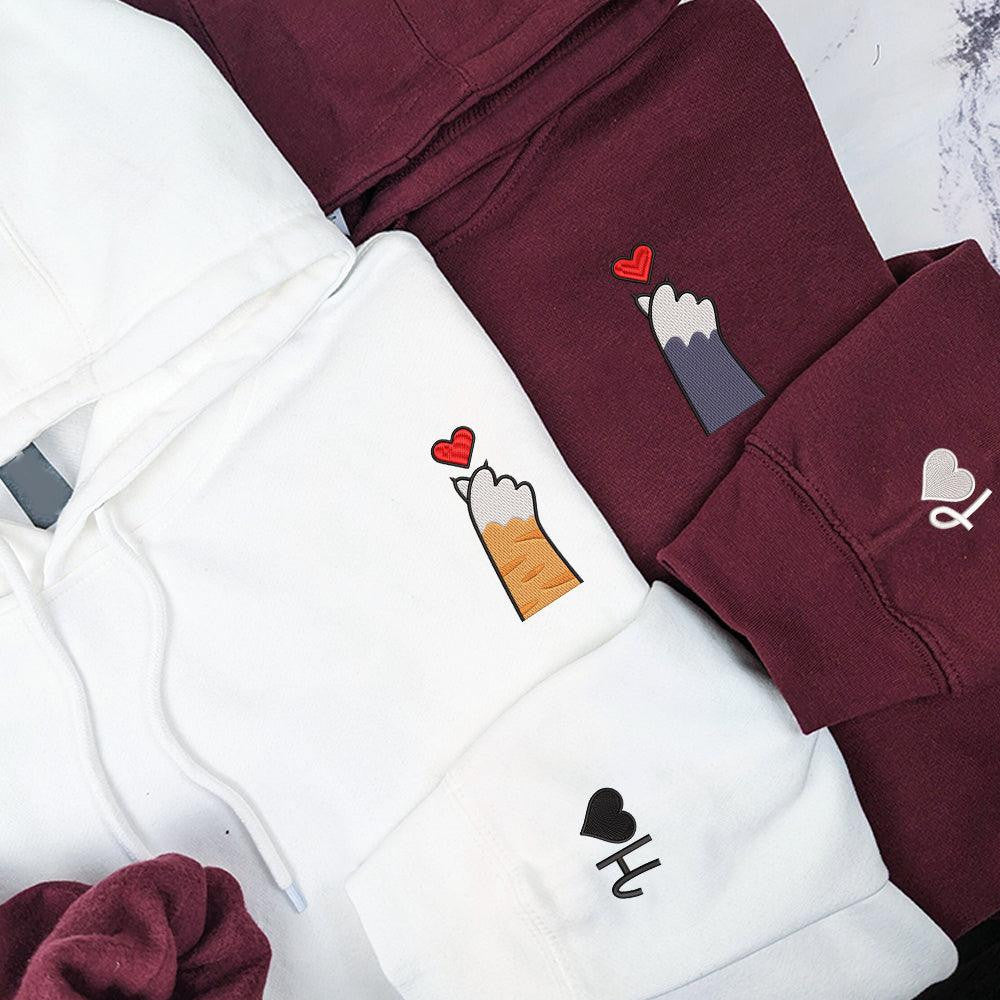 Cat Paw Heart Custom Embroidered Matching Hoodies For Couples