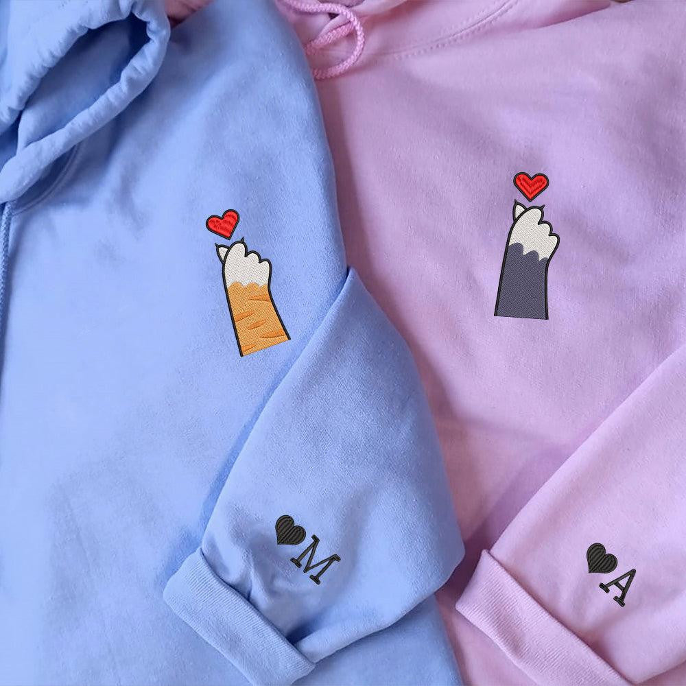 Cat Paw Heart Custom Embroidered Matching Hoodies For Couples