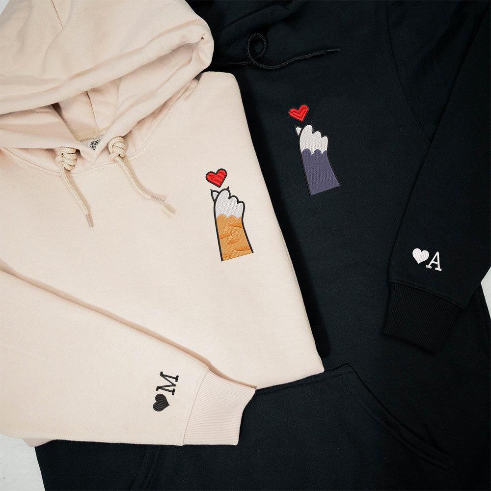 Cat Paw Heart Custom Embroidered Matching Hoodies For Couples